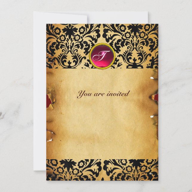Invitation DAMASK GEM STONE MONOGRAM parchemin rose rouge (Devant)