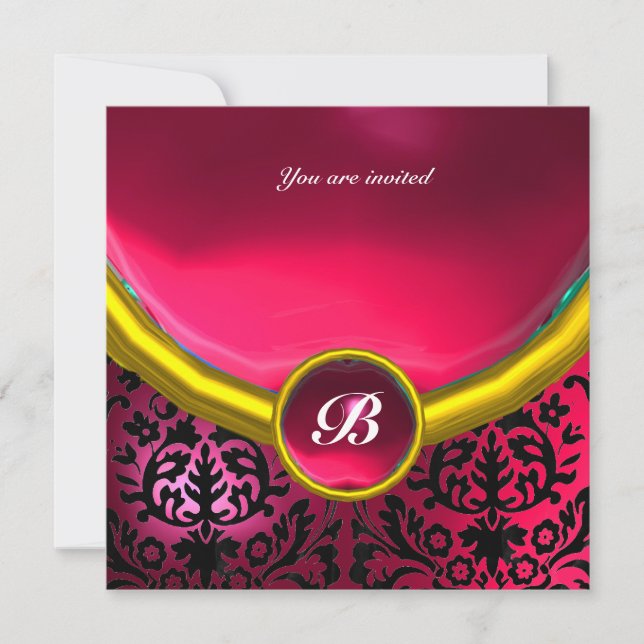 Invitation DAMASK GEM STONE MONOGRAM rose fuchsia rubis (Devant)