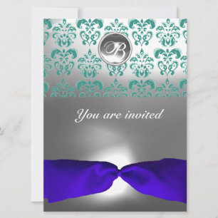 Invitation DAMASK GEM STONE MONOGRAM ruban bleu
