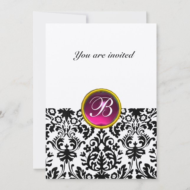 Invitation DAMASK GEM STONE MONOGRAM rubis rose bac blanc (Devant)