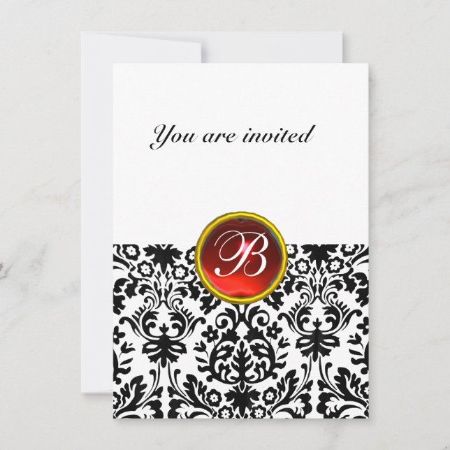 Invitation DAMASK GEM STONE MONOGRAM rubis rouge blanc rsvp (Devant)