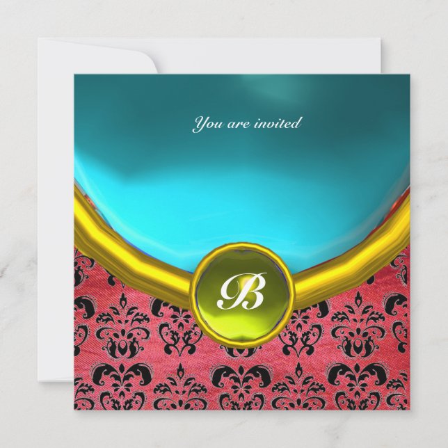 Invitation DAMASK GEM STONE MONOGRAM soie violette bleu (Devant)