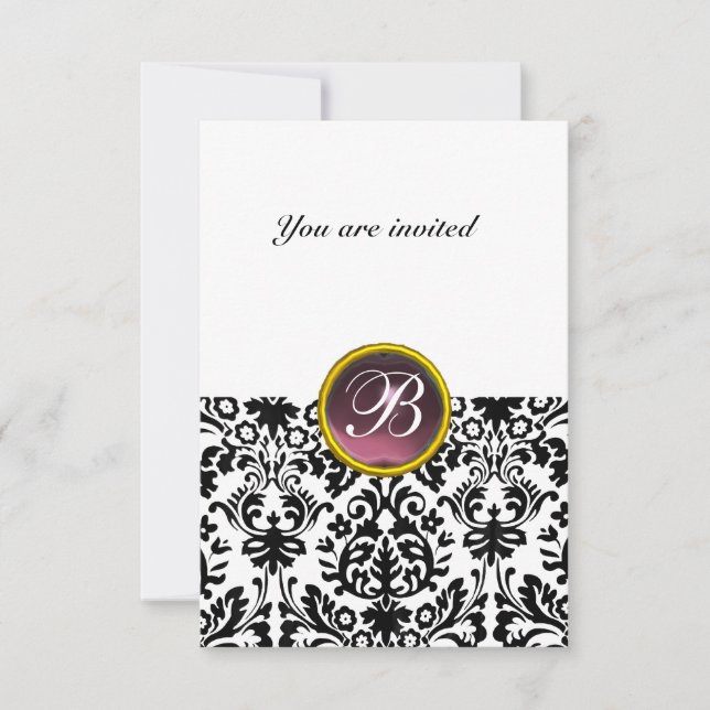 Invitation DAMASK GEM STONE MONOGRAM violet blanc rsvp (Devant)