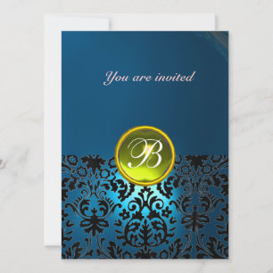 Invitation DAMASK GEM STONE MONOGRAMME bleu jaune rsvp