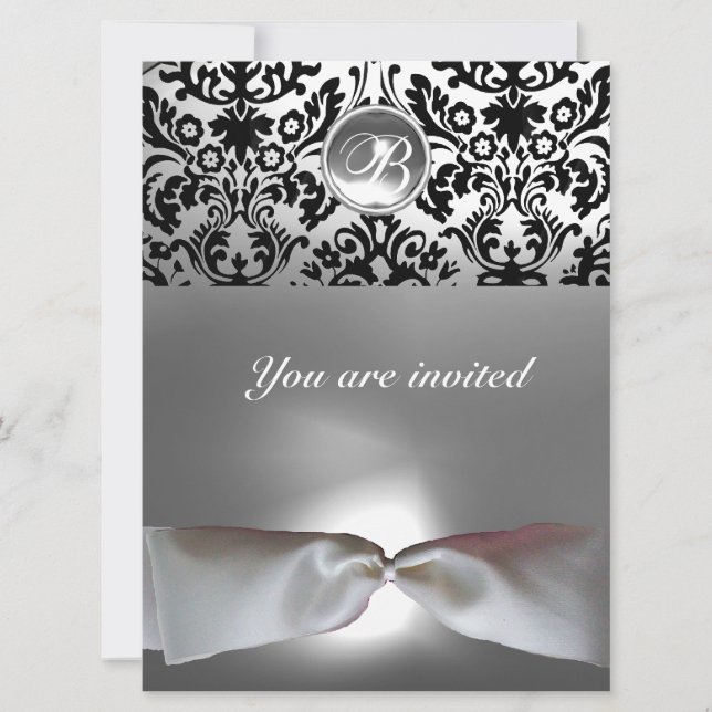 Invitation DAMASK GEM STONE MONOGRAS blanc ruban gris noir (Devant)