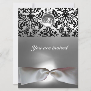 Invitation DAMASK GEM STONE MONOGRAS blanc ruban gris noir