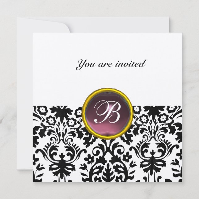 Invitation DAMASK GEMME MONOGRAMME améthyste pourpre or (Devant)