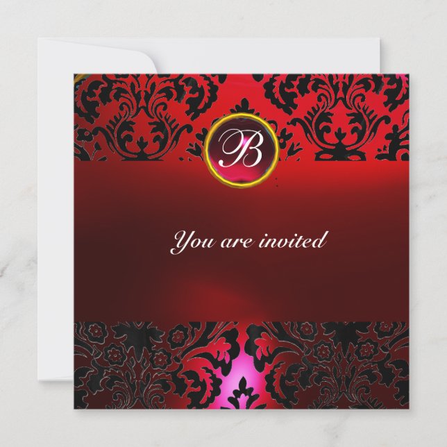 Invitation DAMASK GEMME MONOGRAMME burgundi rouge (Devant)