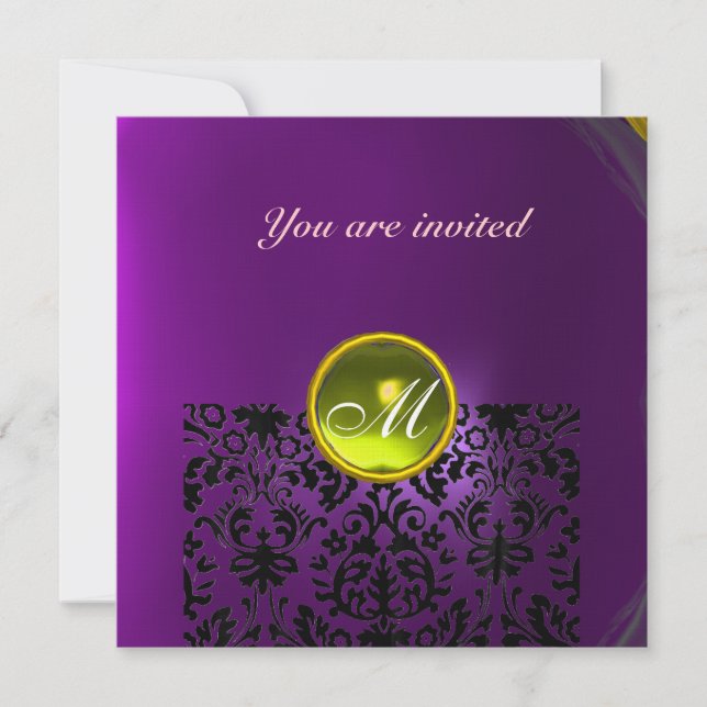 Invitation DAMASK GEMME MONOGRAMME  jaune violet (Devant)