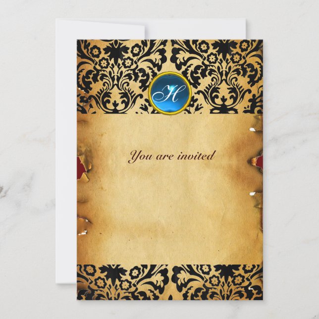 Invitation DAMASK GEMME MONOGRAMME parchemin bleu (Devant)