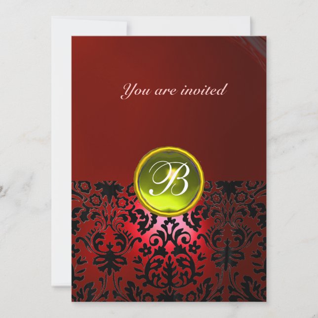 Invitation DAMASK GEMME MONOGRAMME rouge jaune (Devant)