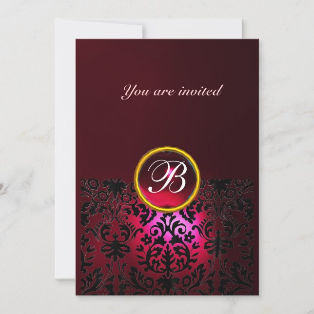 Invitation DAMASK GEMME MONOGRAMME rouge rubis burgundy (Devant)
