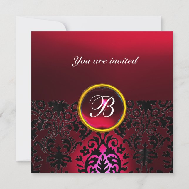 Invitation DAMASK GEMME MONOGRAMME rouge rubis burgundy (Devant)