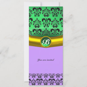 Invitation DAMASK GEMME MONOGRAMME vert, violet, rose