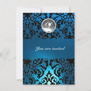 Invitation DAMASK GEMME NOIR & BLEU MONOGRAMME blanc