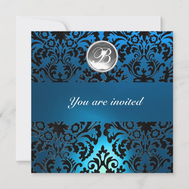 Invitation DAMASK GEMME NOIR & BLEU MONOGRAMME blanc (Devant)
