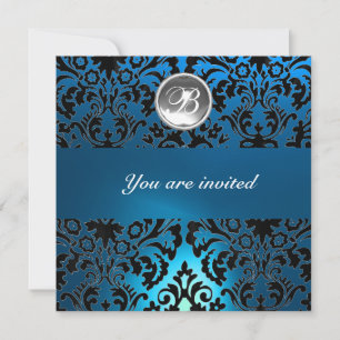 Invitation DAMASK GEMME NOIR & BLEU MONOGRAMME pierre blanc