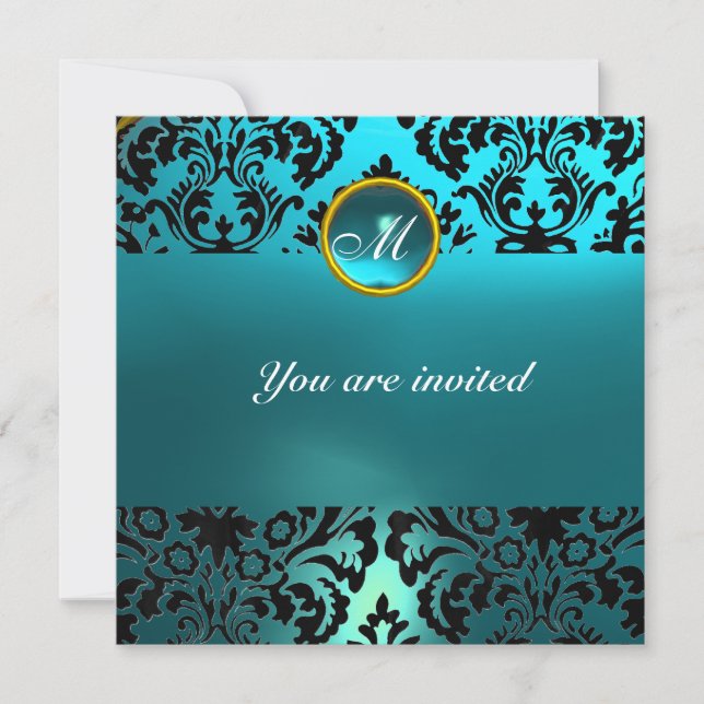 Invitation DAMASK GEMME PIERRE MONOGRAMME aigue-marine bleue (Devant)
