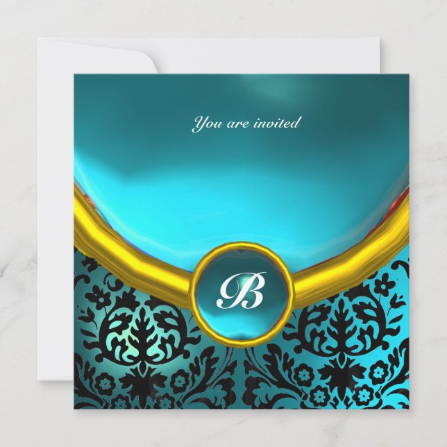 Invitation DAMASK GEMME PIERRE MONOGRAMME aigue-marine bleue (Devant)