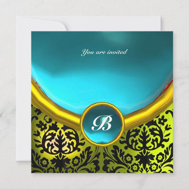 Invitation DAMASK GEMME PIERRE MONOGRAMME bleu aigue-marine j (Devant)
