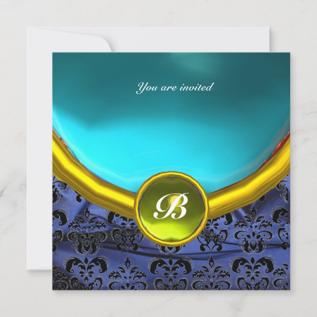 Invitation DAMASK GEMME PIERRE MONOGRAMME bleu noir jaune bla (Devant)
