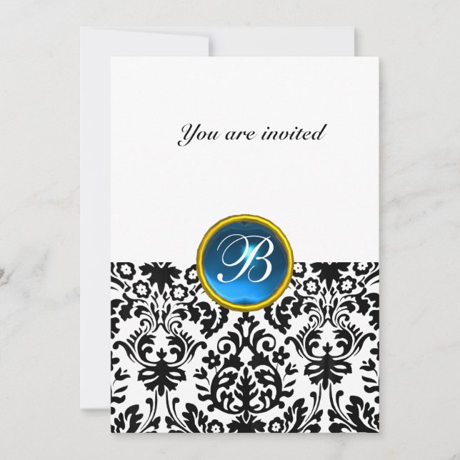 Invitation DAMASK GEMME PIERRE MONOGRAMME bleu saphir avec (Devant)
