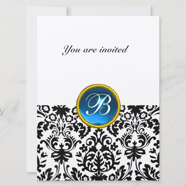 Invitation DAMASK GEMME PIERRE MONOGRAMME bleu saphir mouchet (Devant)