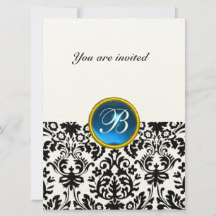 Invitation DAMASK GEMME PIERRE MONOGRAMME bleu saphir mouchet