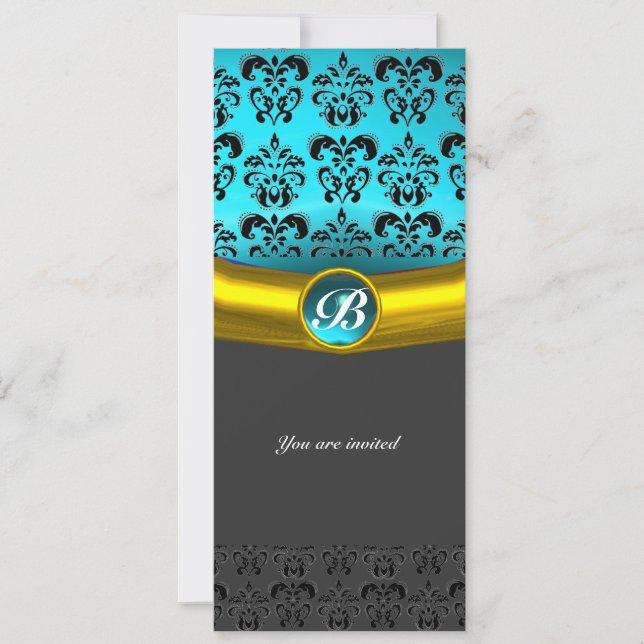 Invitation DAMASK GEMME PIERRE MONOGRAMME ,bleu turquoise (Devant)