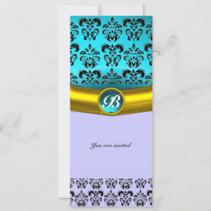 Invitation DAMASK GEMME PIERRE MONOGRAMME ,bleu turquoise