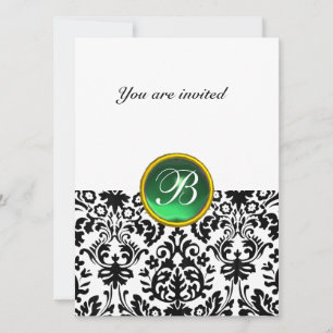 Invitation DAMASK GEMME PIERRE MONOGRAMME jade vert blanc