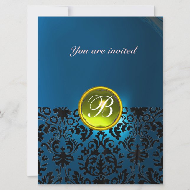 Invitation DAMASK GEMME PIERRE MONOGRAMME jaune bleu (Devant)