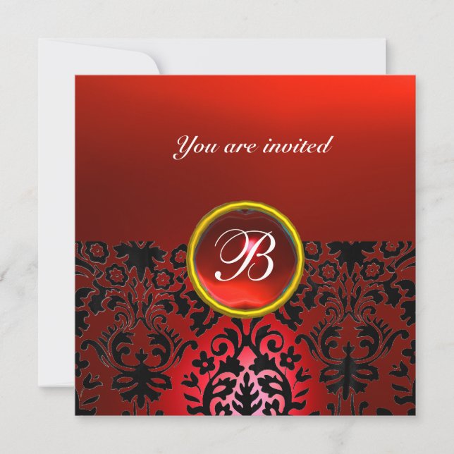 Invitation DAMASK GEMME PIERRE MONOGRAMME rouge noir blanc (Devant)