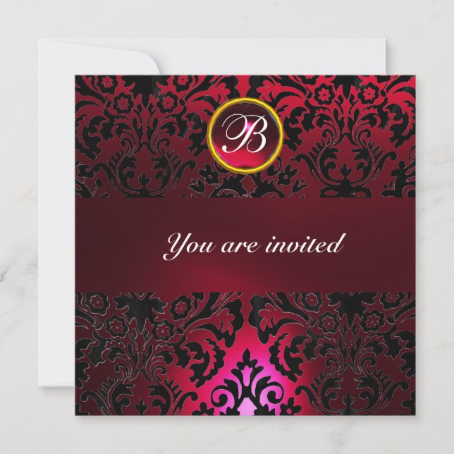 Invitation DAMASK GEMME PIERRE MONOGRAMME rouge rubis burgund (Devant)