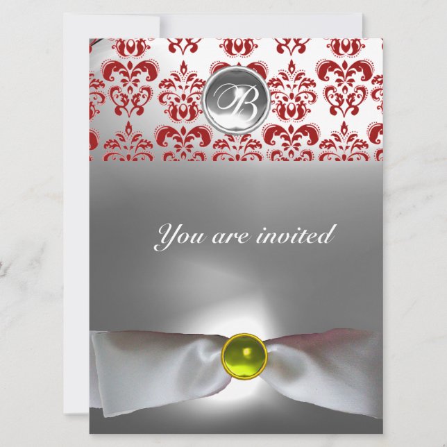 Invitation DAMASK GEMME PIERRE MONOGRAMME ruban blanc gris ro (Devant)