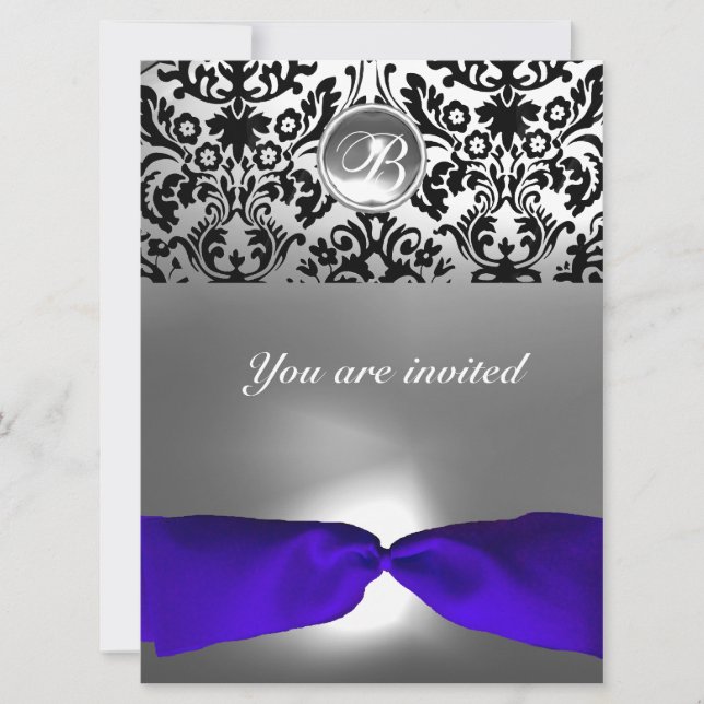 Invitation DAMASK GEMME PIERRE MONOGRAMME ruban bleu (Devant)