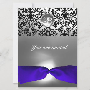 Invitation DAMASK GEMME PIERRE MONOGRAMME ruban bleu