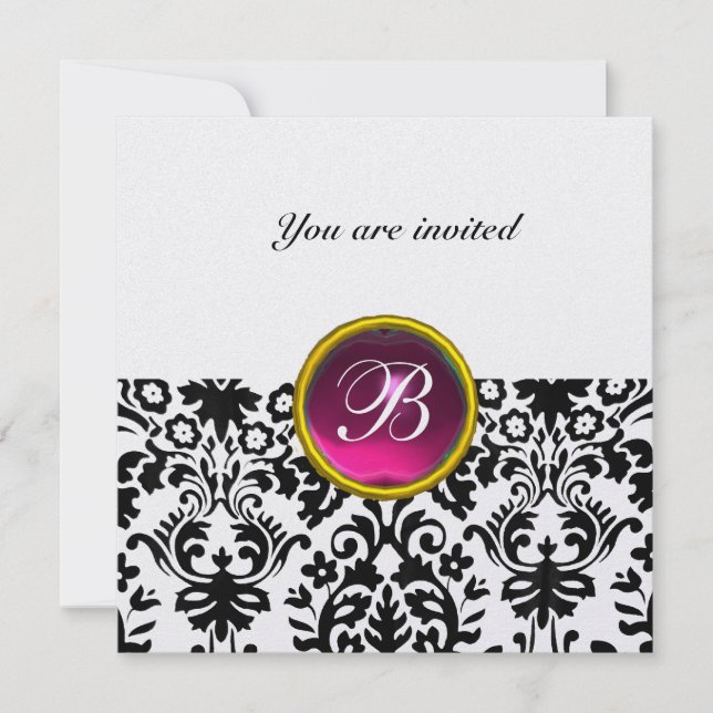 Invitation DAMASK GEMME PIERRE MONOGRAMME rubis glace rose (Devant)