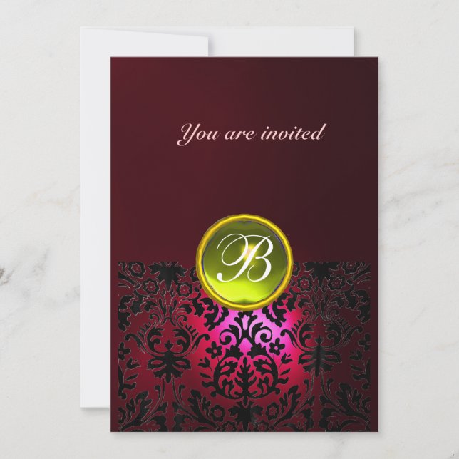 Invitation DAMASK GEMME PIERRE MONOGRAMME rubis jaune rouge b (Devant)