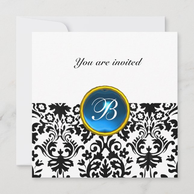 Invitation DAMASK GEMME PIERRE MONOGRAMME saphir bleu blanc (Devant)