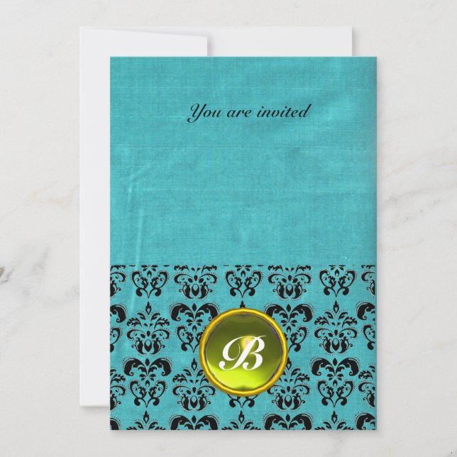 Invitation DAMASK GEMME PIERRE MONOGRAMME soie bleu noir blan (Devant)