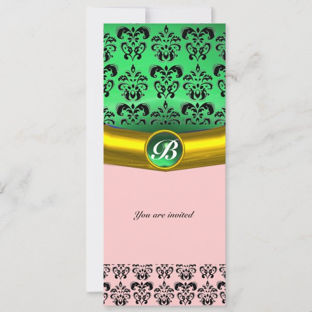 Invitation DAMASK GEMME PIERRE MONOGRAMME vert (Devant)