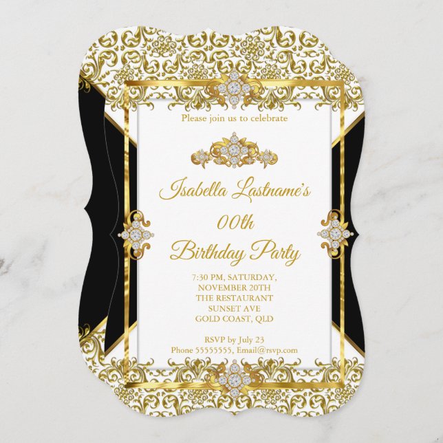 Invitation Damask Gold Black White Diamond Anniversaire (Devant / Derrière)