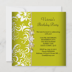 Invitation Damask Green Avocado Blanc Anniversaire Party Gold