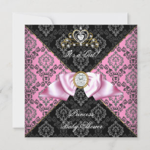 Invitation Damask gris noir rose princesse Baby shower fille