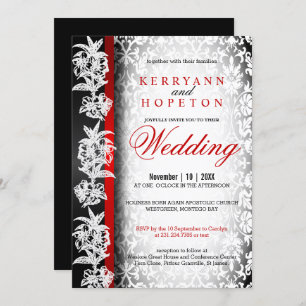 Invitation Damask Mariage moderne en blanc, noir et rouge Inv
