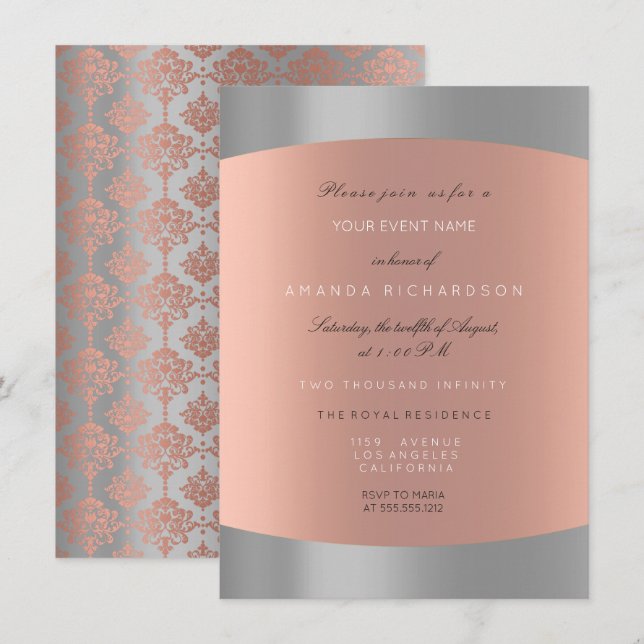Invitation Damask Minimal Rose Gold Élégant Royal (Devant / Derrière)