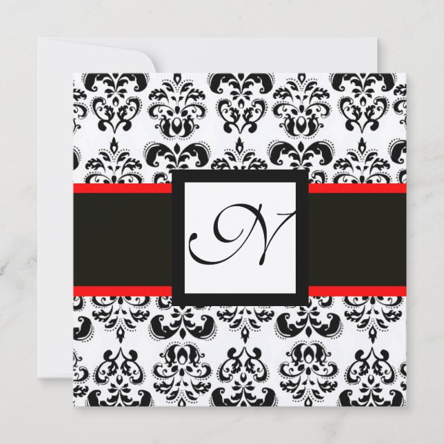 Invitation DAMASK MONOGRAM, Noir, Blanc, Champagne Rouge Meta (Devant)