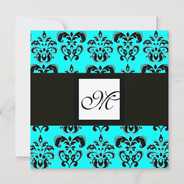 Invitation DAMASK MONOGRAM, noir et blanc, turquase bleue (Devant)