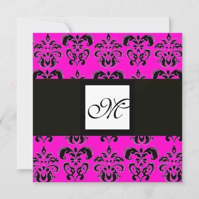 Invitation DAMASK MONOGRAS, noir et blanc, fuchsia rose (Devant)
